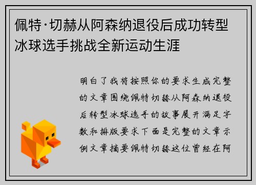 佩特·切赫从阿森纳退役后成功转型冰球选手挑战全新运动生涯