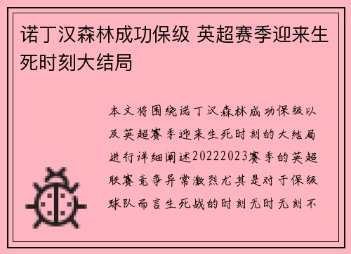 诺丁汉森林成功保级 英超赛季迎来生死时刻大结局 诺丁汉森林成功保级 英超赛季迎来生死时刻大结局
