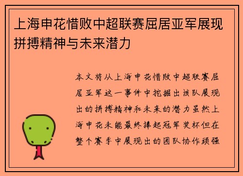 上海申花惜败中超联赛屈居亚军展现拼搏精神与未来潜力 上海申花惜败中超联赛屈居亚军展现拼搏精神与未来潜力