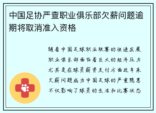 中国足协严查职业俱乐部欠薪问题逾期将取消准入资格 中国足协严查职业俱乐部欠薪问题逾期将取消准入资格